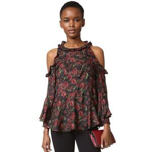 IRO Jeans 100% SILK Top Size 36 XS-S Red Floral ELOANE Cold Shoulder Ruffle
